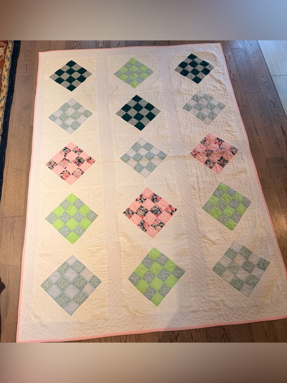 Handmade Patchwork Quilt - Pink, Green, Blue Checker Squares